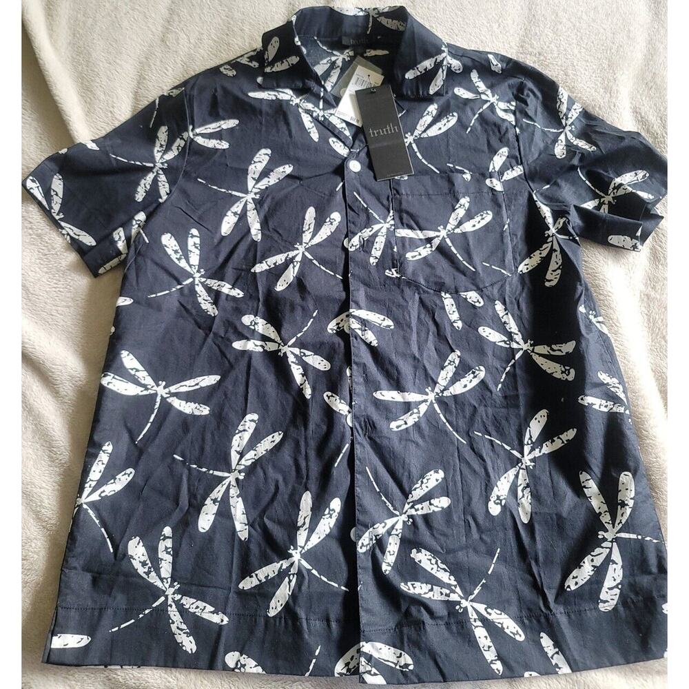 Truth By Republic Men's Black Button Down Shirt W/ Dragonfly Pattern, Size S